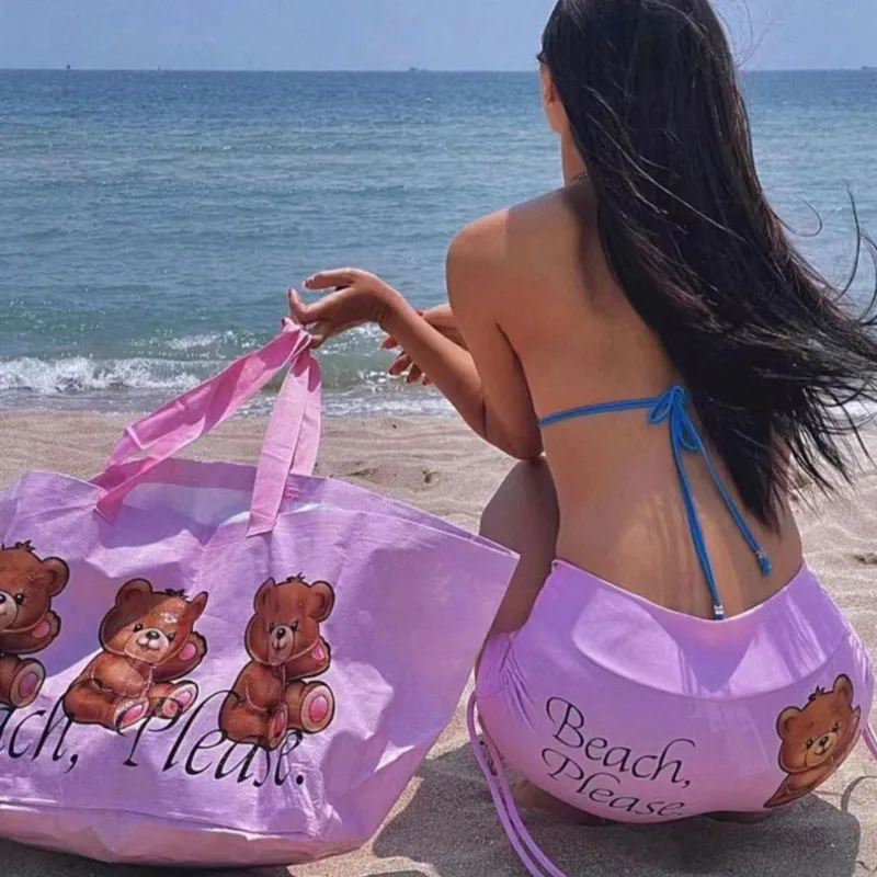 Chic Little Bear Printed Bikini Women's 2024 New Korean Instagram Cute Pink Small Chest Gathering Split Swimsuit Three Piece Set