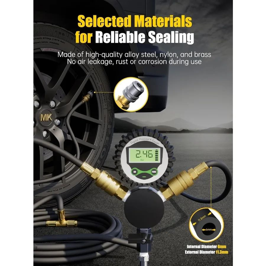 4 Tire Inflation System with Quick Coupler Adaptor and Closed Flow Air Chuck for Efficient Tire Pressure Equalization in Cars T