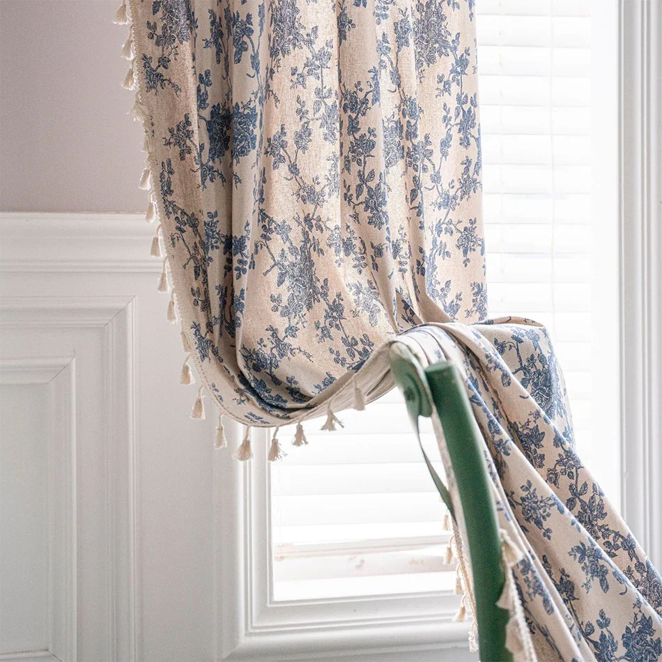 Cotton Linen Blue Retro Orchid Curtains Floral Tassel for Kitchen Bedroom Living Room Bay Window Cabinet Curtain