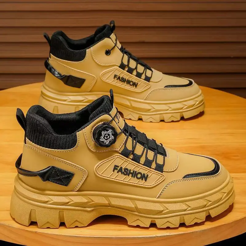 Men Rotary Button Thick sole Work Boots Spring Autumn New Non Slip Waterproof Round Toe High Top Motorcycle Boots Hiking Shoes