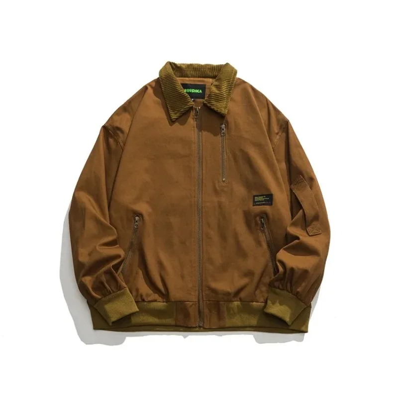 

Поп 2022, осеннее винтажное новое модное американское мужское пальто с отложным воротником и длинными рукавами на молнии, повседневное модное пальто-карго, мужская уличная одежда