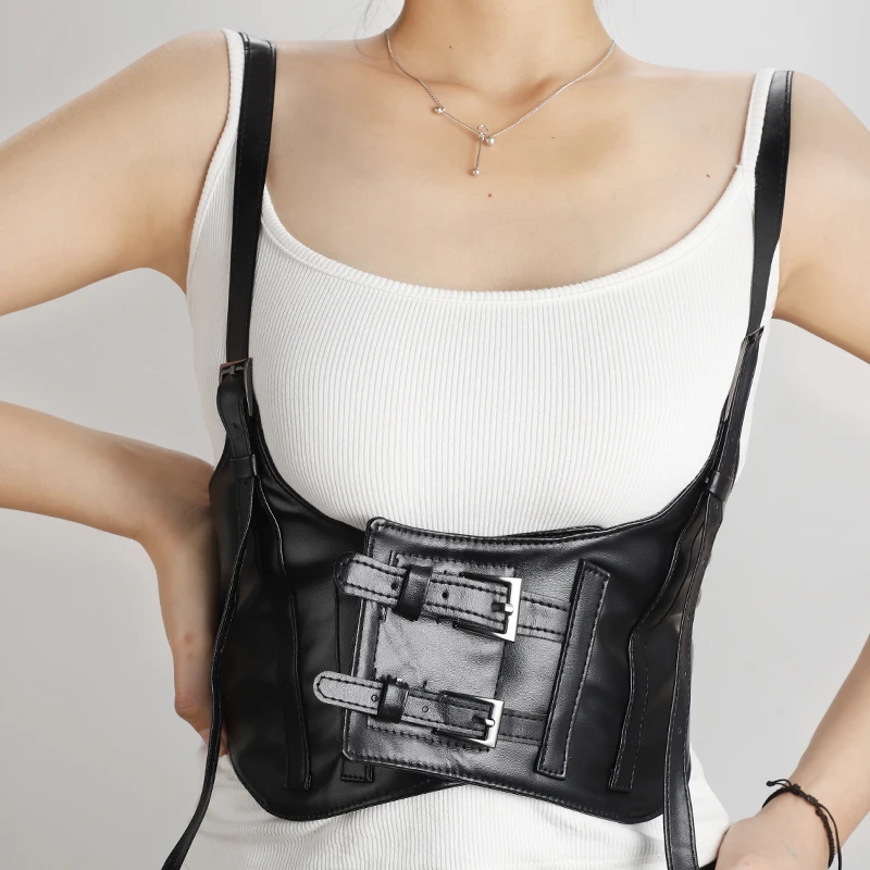 Women's Decorative Belt for Skirts - Premium Black Wide Waistband, Trendy Vest Design, Unique Leather Belt