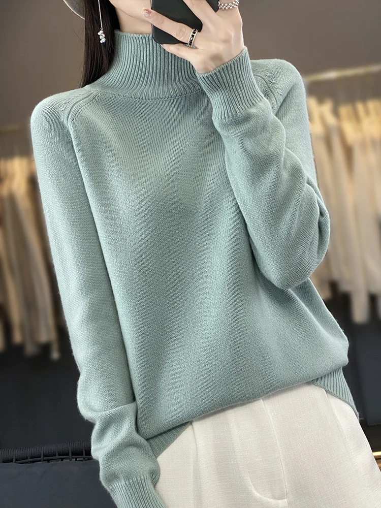 Autumn Merino Wool Sweater Mockneck Cashmere Pullover Knitwear Women  Fashion Basic Slim Long Sleeve Spring Clothing Tops