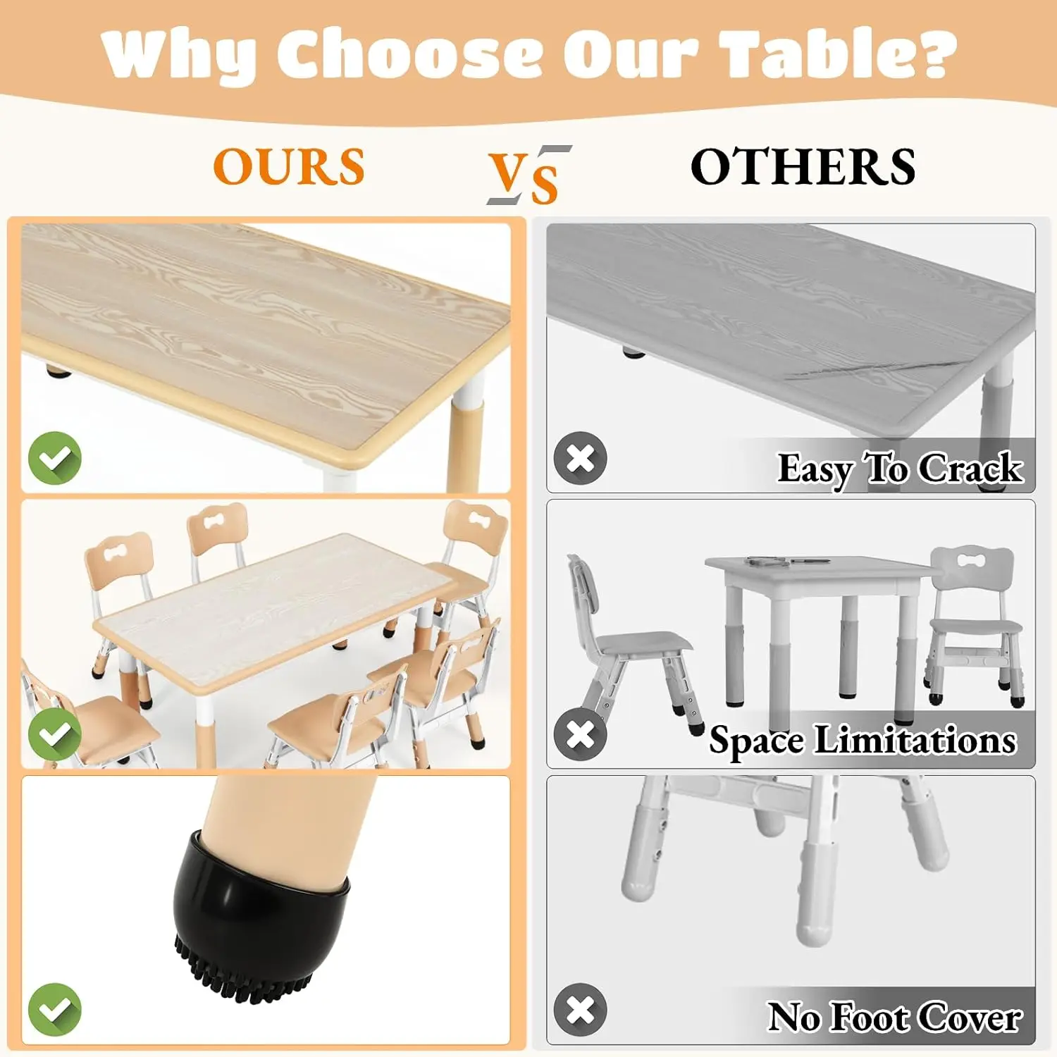 Kids Table and 6 Chairs Set, Height Adjustable Graffiti Desk, Preschool Activity Art Craft Table, for Daycare, Customized