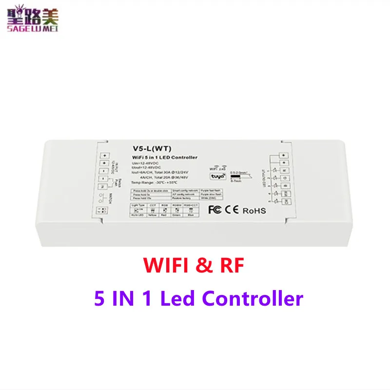 V5-L(WT)WiFi / V5-L(WZ)ZigBee 5 in1 LED Controller DC12-48V Input 5Channel Output Tuya App 2.4G RF Push Dim for Led Strip Lights