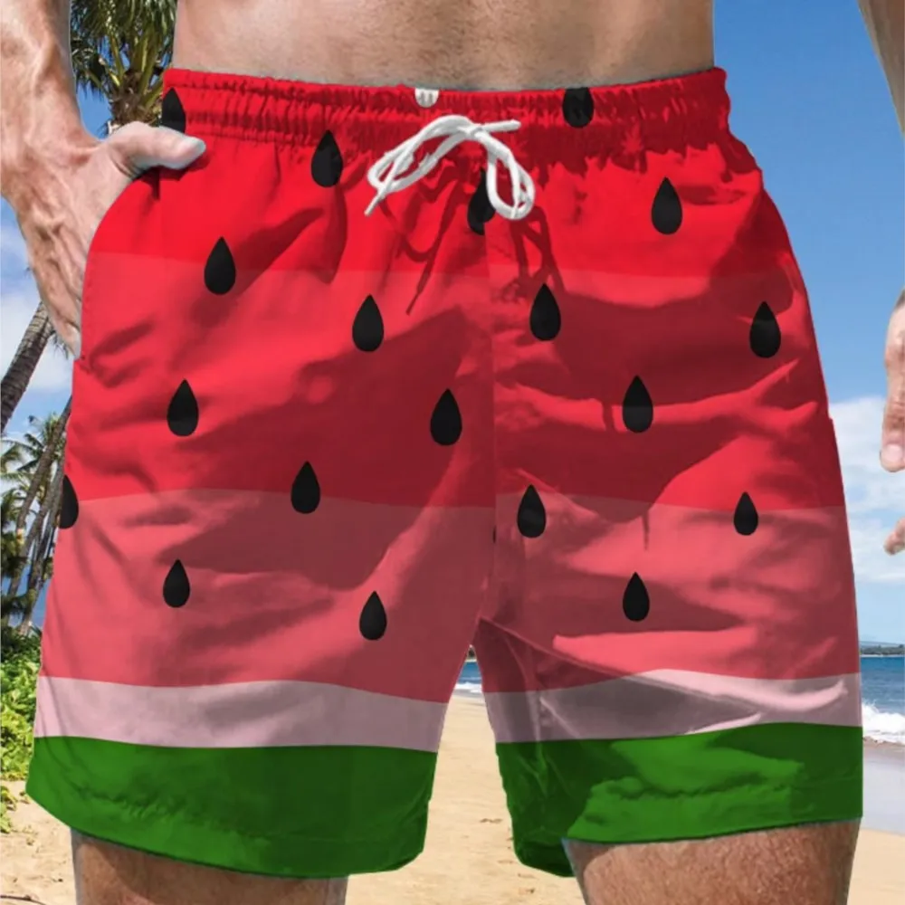 Summer Men's Watermelon Slice Pattern Swim Shorts Quick Dry Elastic Drawstring Beach Board Shorts Male Holiday Vacation Surfing