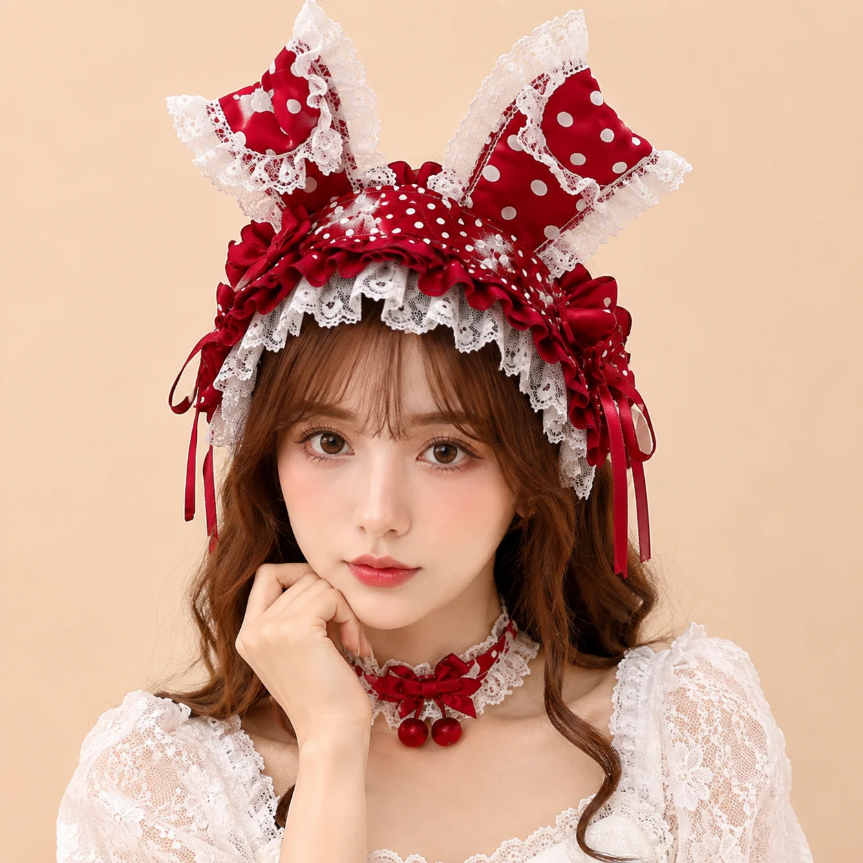 Sweet Lolita Hair Headdress Red White Polka Dot Fabric Lace Ruffle Bow Hairband Vintage Kawaii Headpiece Women Party Cosplay