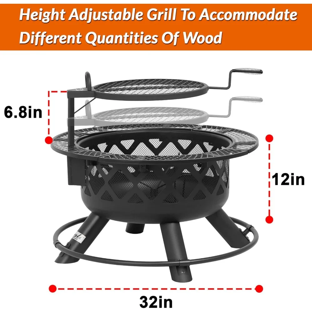 Wood Burning Fire Pit, 32 Inch Outdoor Backyard Patio Fire Pit with 18.7 Inch Cooking Grill Grate, Black