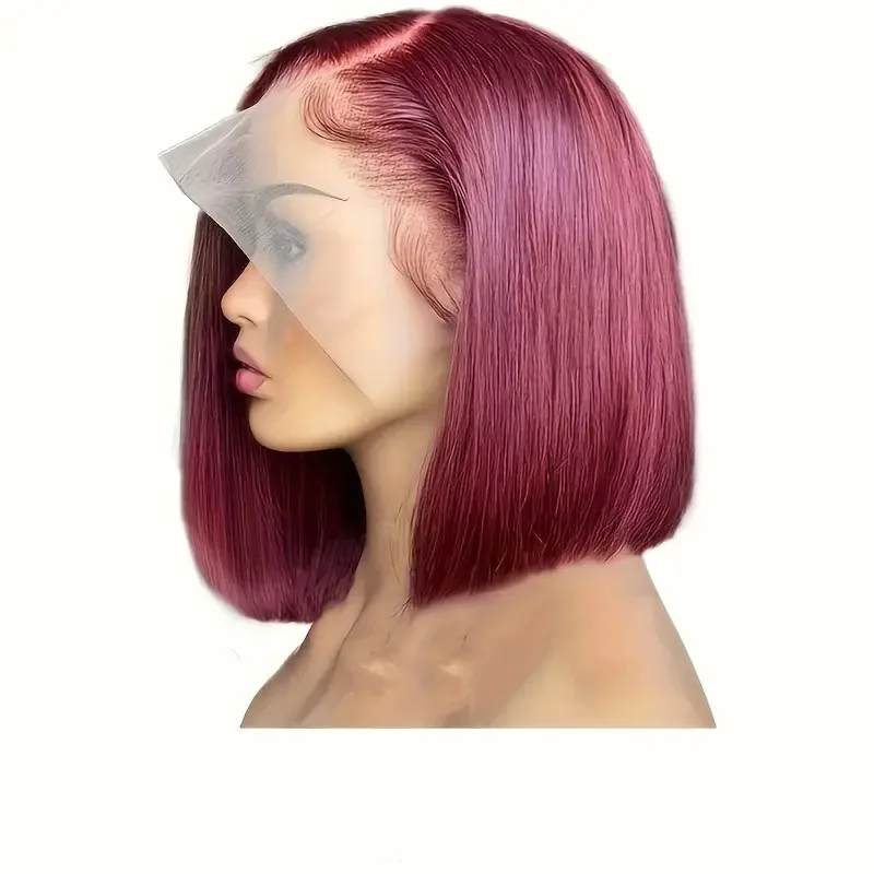 วิกผมตรงสีเบอร์กันดี 99J แบบตรง 13x4HD ผ้าลูกไม้โปร่งใสด้านหน้า วิกผมสังเคราะห์แบบดึงล่วงหน้า เหมาะสำหรับผู้หญิงทรงบ็อบ