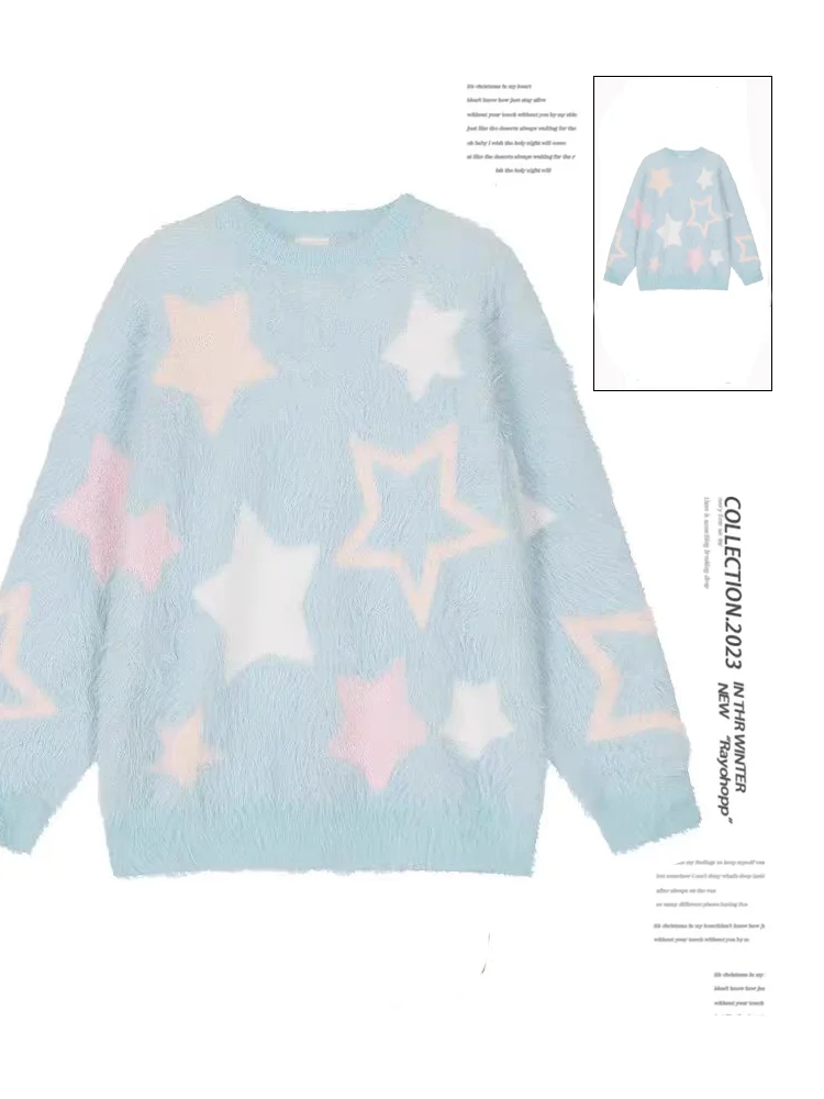 Women\'s Mohair Star Pullover Sweater Harajuku Korean 90s Aesthetic Y2k Long Sleeves Sweaters Jumper Vintage 2000s Clothes Autumn