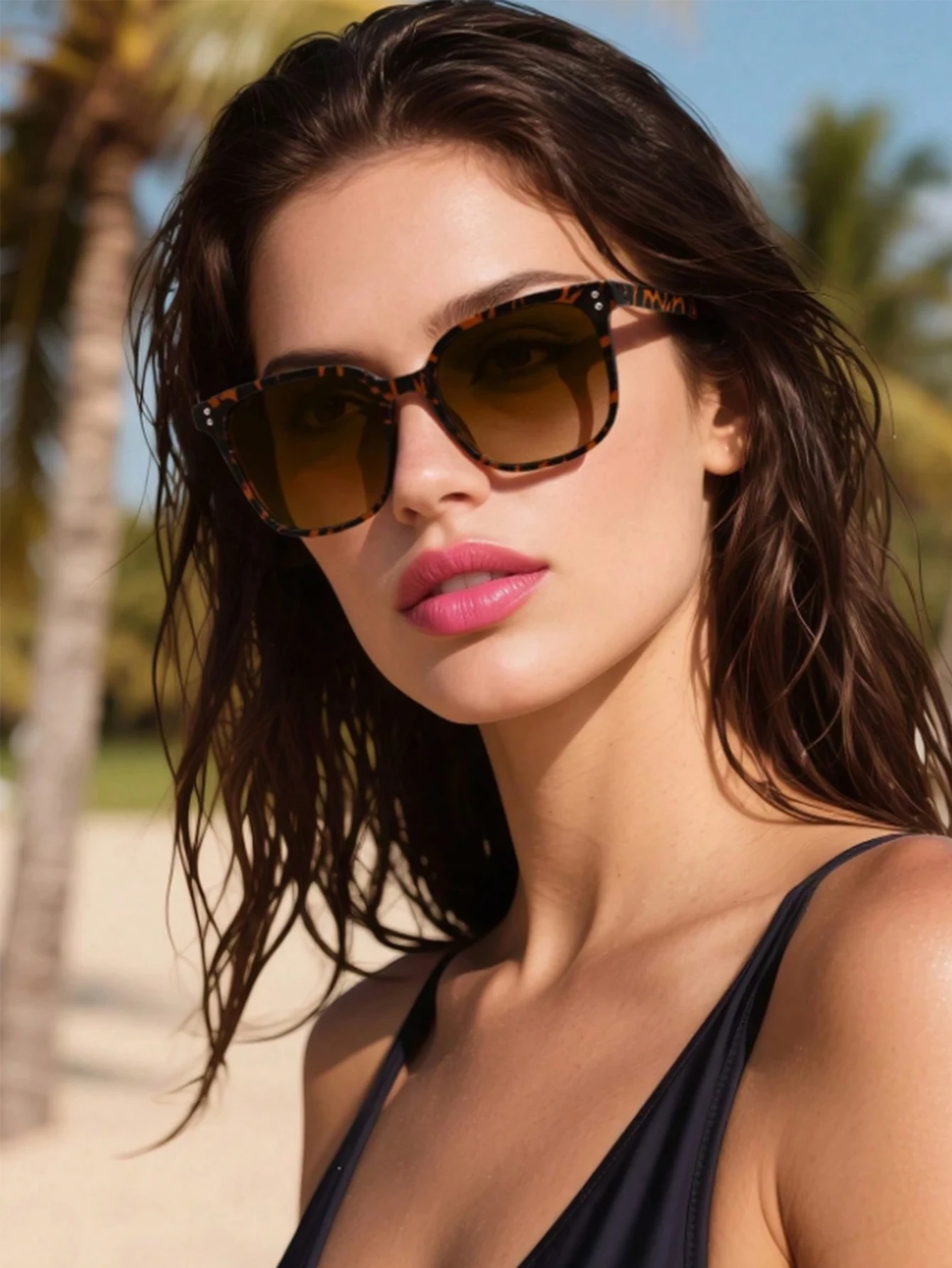 Lunettes de soleil à grande monture imprimé léopard, mode rétro, avec Design à rivets, adaptées aux tenues Vintage, tendance pour sortir, 1 pièce
