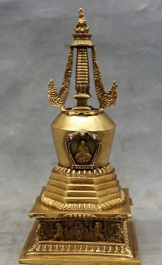 

7" Chinese Brass Buddhist Pray Shakyamuni Amitabha Statue Temple Pagoda Stupa