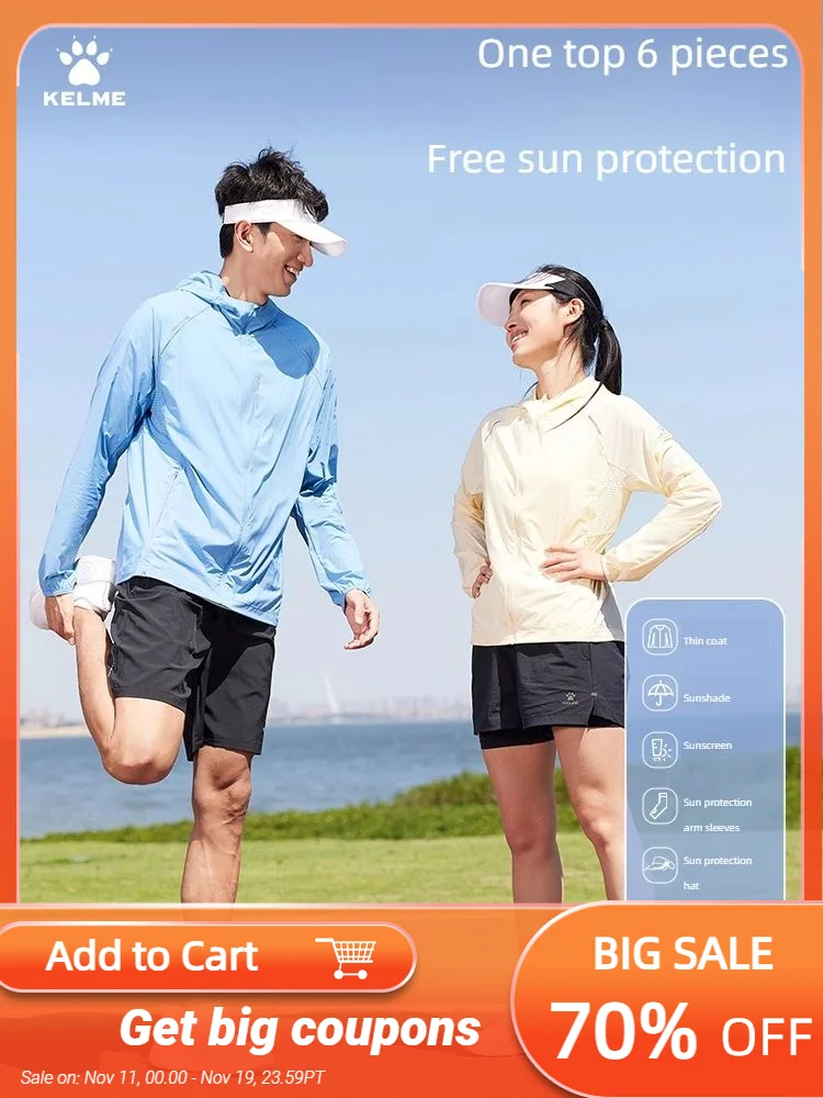 

Kelme Men's Running Sunscreen Wear Summer Breathable Hooded Thin Jacket Upf50+outdoor Camping Hiking Sunscreen Coat