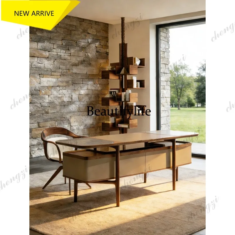 D136 Italian high-end modern black ash wood color leather solid wood leisure chair Nordic revolving book chair