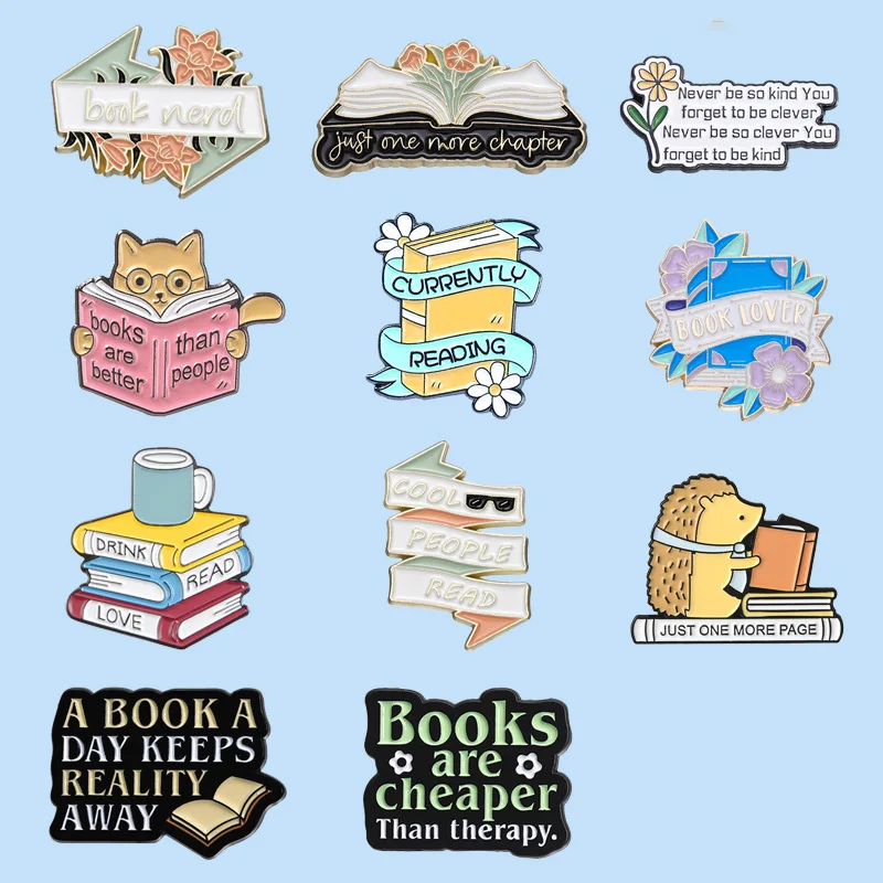 Creative Book Enamel Pins Book Nerd Magic Book Bookworm Cartoon Cat Reading Books Metal Badge Jewelry Gifts For Reading Lover