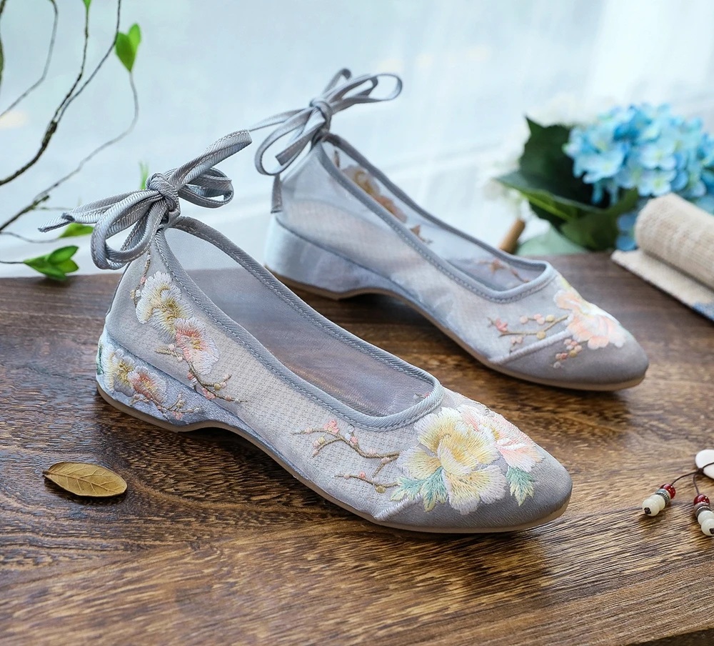Veowalk Long Ankle Strap Summer Women Gauze Mesh Embroidered Ballet Flats Breathable Comfortable Walking Shoes for Elegant Lady