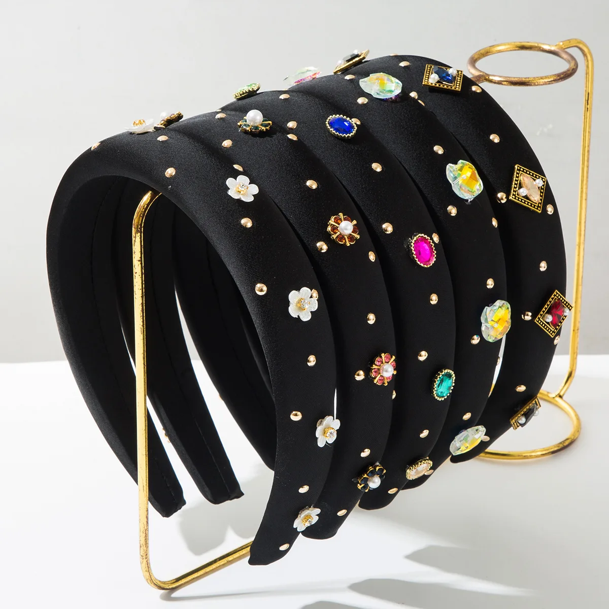 Vintage Baroque Solid Color Irregular Pattern Diamond-studded Pearl Flower Wide Headband Women's Hair Accessory