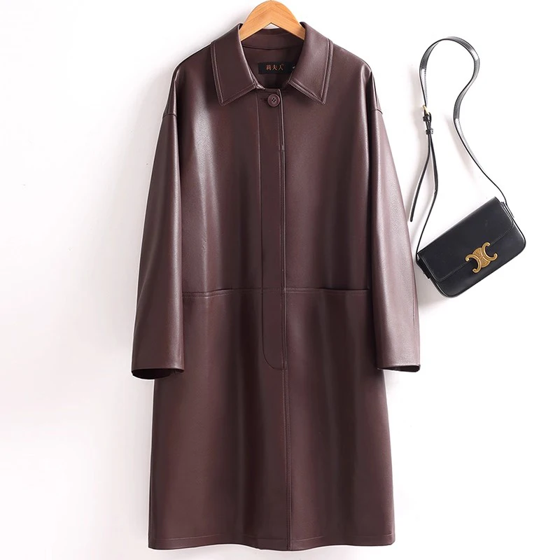 New Women Split Leather Coat Spring Autumn Fashion Turn-down Collar Loose Waist Casual Leather Trench Simplicity Female Coat