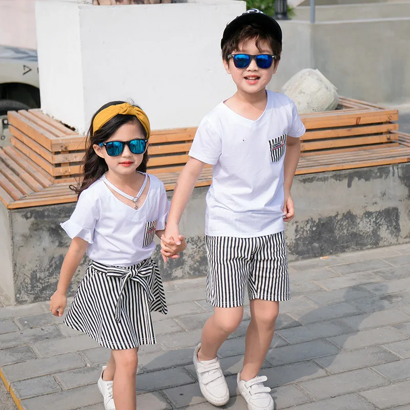 Family Matching Set Summer Mum Daughter Dad Son Cotton T-shirt &Shorts /Dress Couple Matching Outfits Adults Kids Clothing Set