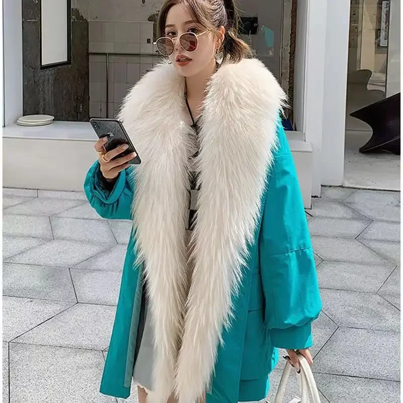 2024 Winter New Women Imitation Fox Fur Jacket Mid-Length Detachable Liner Fashion Leisure Parkas Solid Color All-Matching Coat