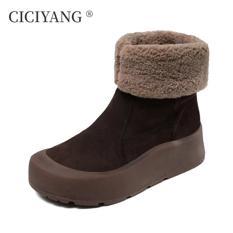 CICIYANG Cowhide Snow Boots Women Winter 2024 Genuine Leather Two Wear Turned-over Edge Ankle Boots Ladies Non-slip Cotton Boots