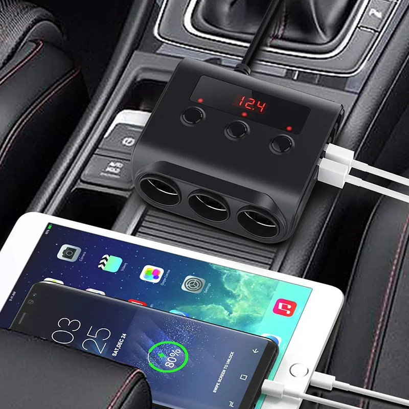 New TR12 Car Cigarette Lighter Splitter, One-to-Three Design with Independent Switches, Digital Voltage Display & 4 USB Ports