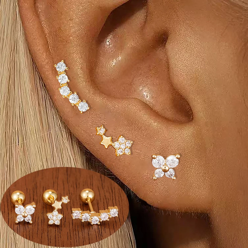 Lot de 3 boucles d'oreilles tendance plaquées or, motif papillon et étoile, pour femme, bijoux de piercing pour cartilage et hélix