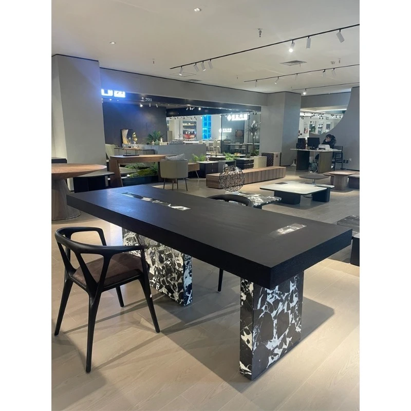 

Italian minimalist Internet celebrity black and white flower marble solid wood dining table modern