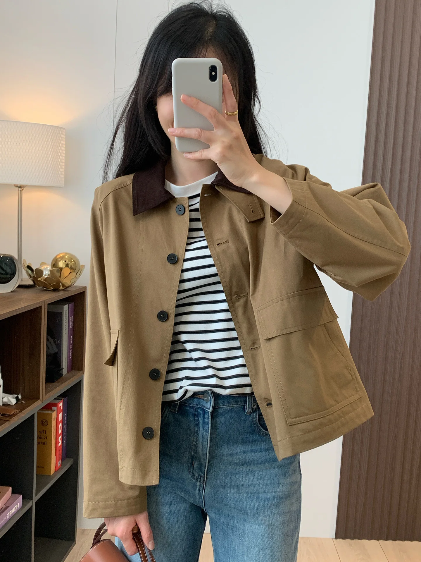 

Ретро-куртка в стиле барн, осенняя, из вельвета с лоскутным воротником, из высокоплотного диагонального хлопка, свободного кроя, с длинными рукавами, укороченная, ветровка