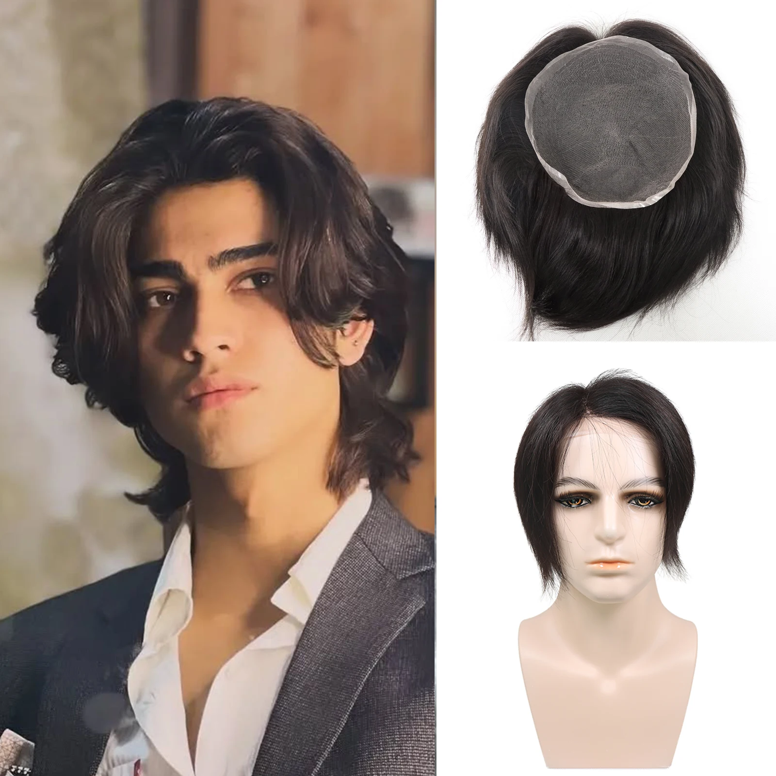 

Мужской парик из натуральных волос, дышащая полная кружевная основа, реалистичный натуральный черный парик для мужской системы замены волос 8x10 дюймов