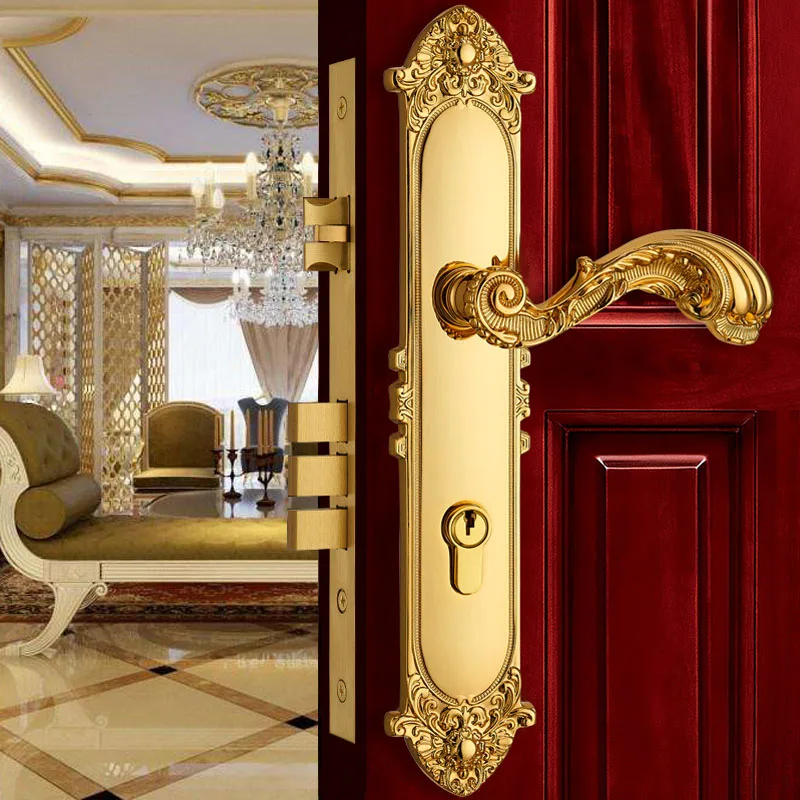 Europen Fashion Entrance Doors Door Lock Modern Brass Golden Interior Solid Wood Panel Handle Lock Rose Golden Bedroom Bookroom