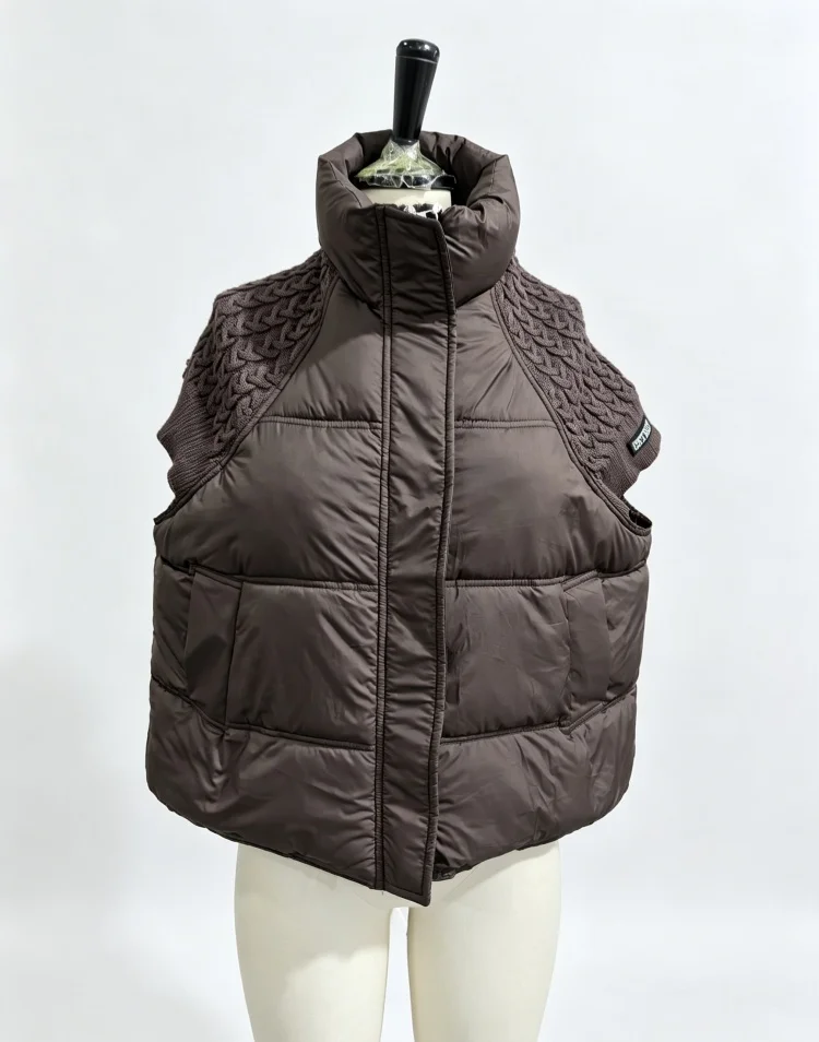 Damen Gestrickte Patchwork-Weste mit Stehkragen, Ärmellos, Reißverschluss, Kurz Geschnitten, Locker Sitzend, für Layering, Oberbekleidung 2026, Warme Winterjacke für Damen – Detail 3