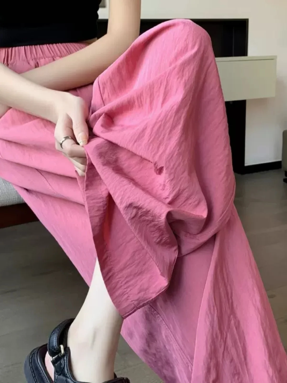 Slim Fit Straight Leg Casual Pants Women's Summer Thin Hanging Folded Narrow Version Wide Leg Pants Lazy Style Slimming Walki...