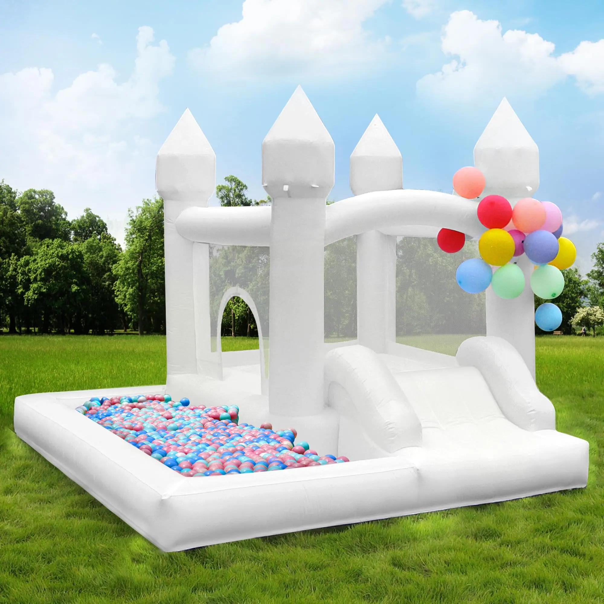 White Bounce House with Blower Included, 9x9x7FT Inflatable Bounce House Castle Fun for Kids Birthday Party