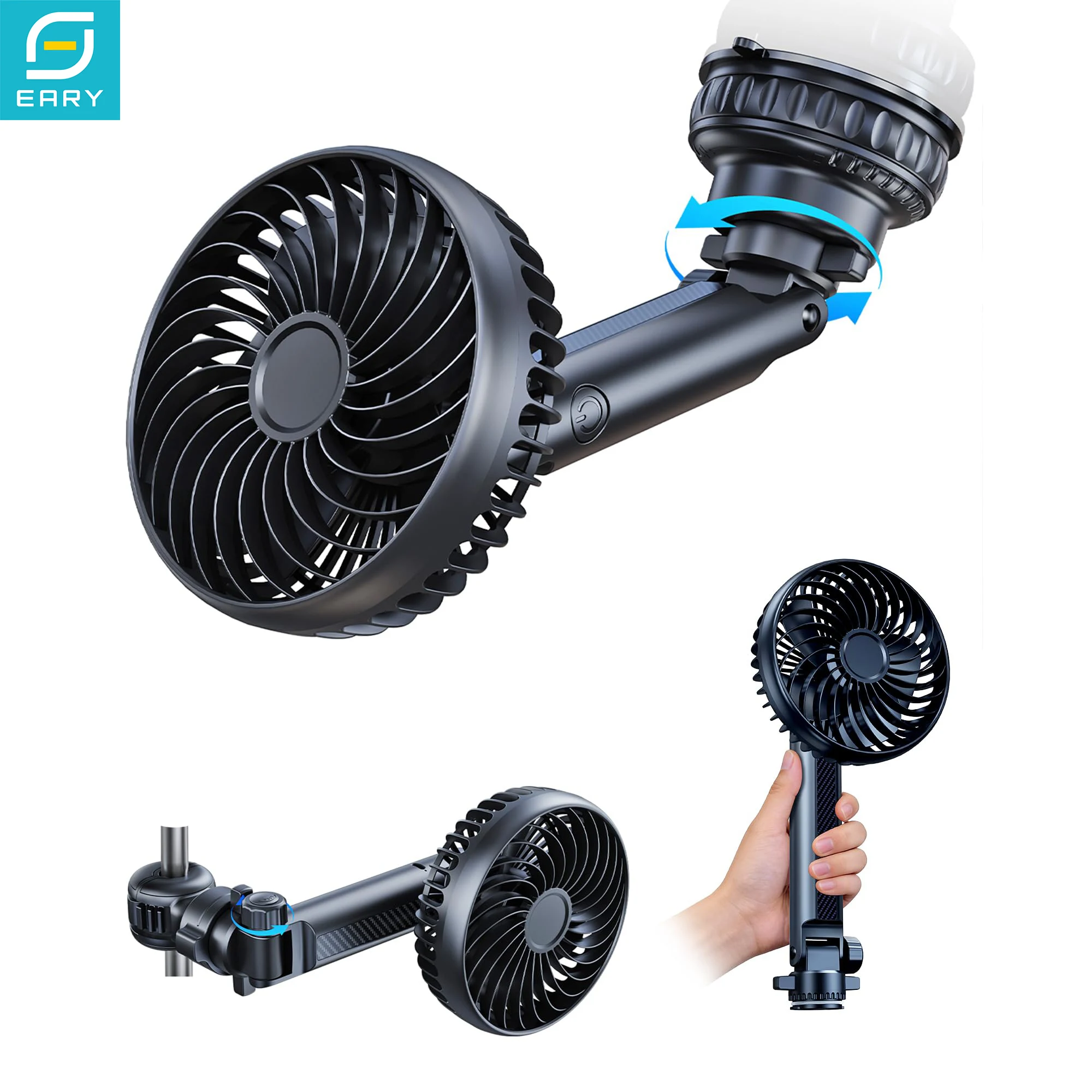 Eary 3-in-1 5000mAh Rechargeable Fan for Car Window Headrest Handheld 3 Speeds Portable Suction Cup Fan for SUV Pickup Truck RV