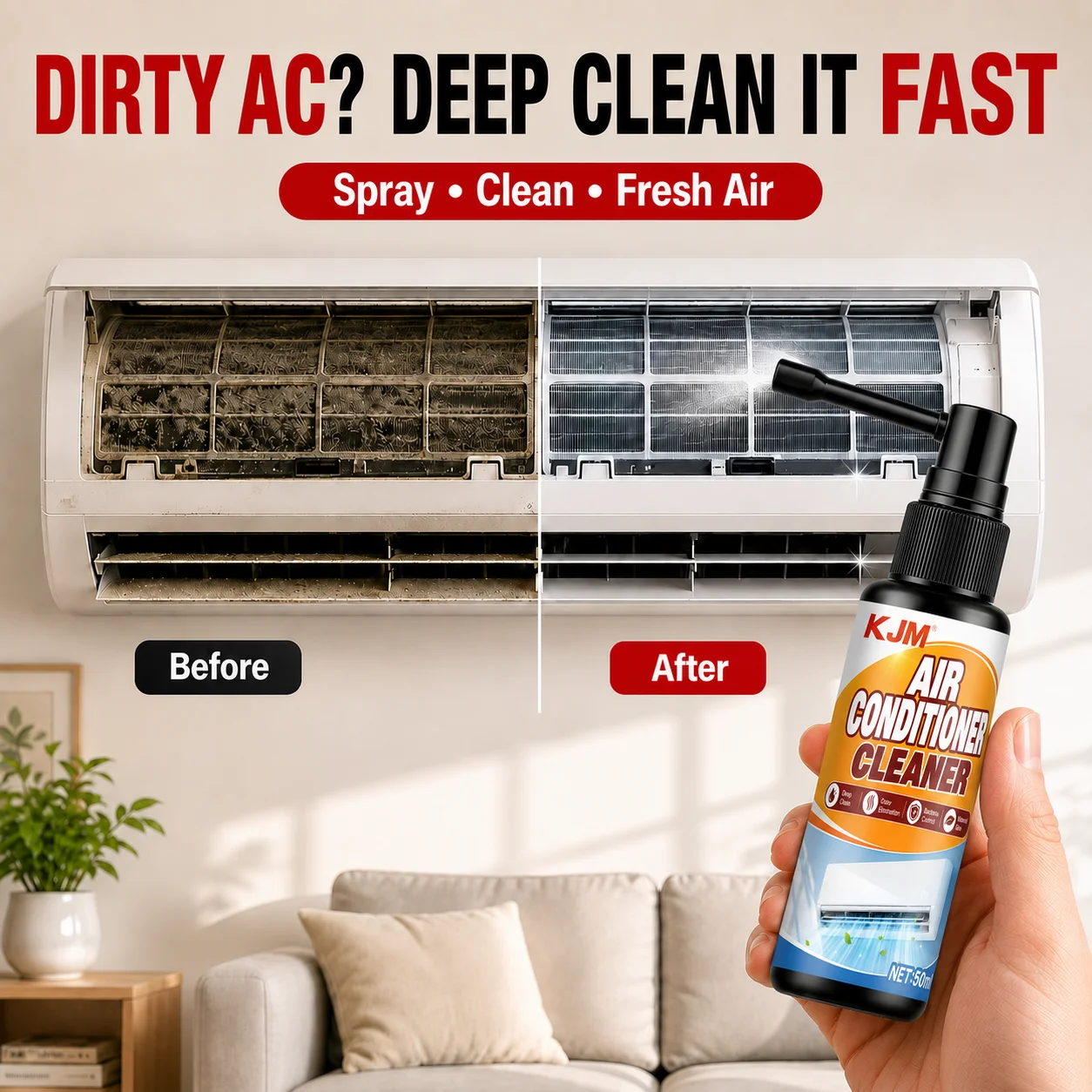 KJM Dual Spray Air Conditioner Cleaner Car Household Mildew Dirt Removing Spray 50ML Vent Odor Purify Maintenance Fluid