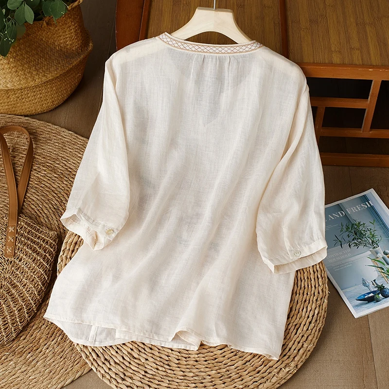 Embroidery Chinese Style Women Blouses Summer Cotto Linen Tops Loose Short Sleeve Clothing Sales V-neck Korean Women's Shirts