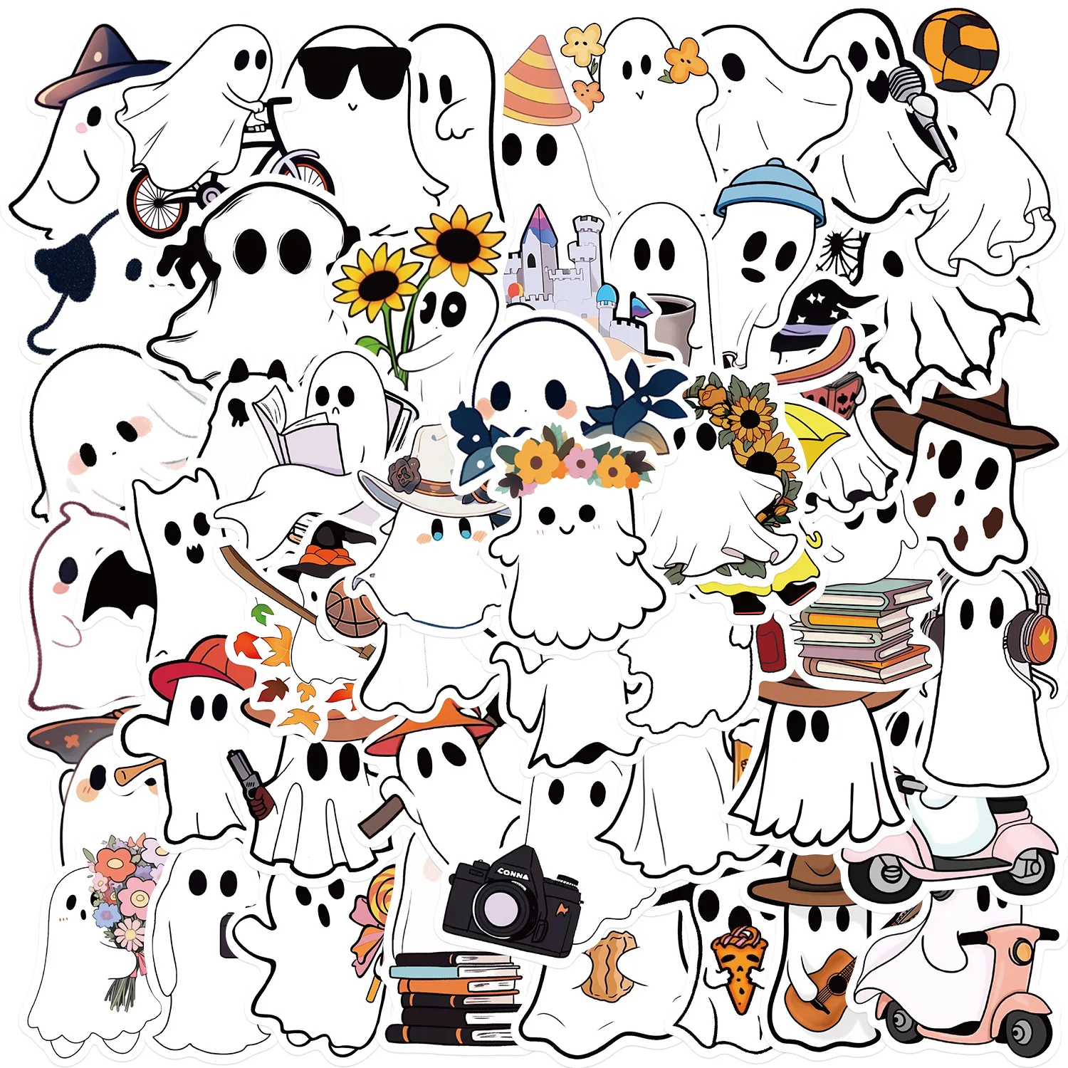 50 Stück kleine Geister-Aufkleber, Notizbuch, Halloween, Spaß, Cartoon, ästhetisch, für Laptops, Gepäck, Sammelalben, Fahrrad, Telefon-Aufkleber