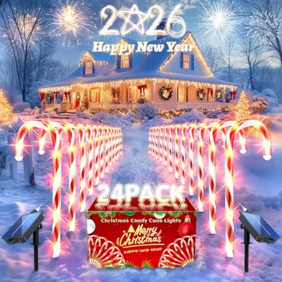 

Солнечные рождественские украшения для улицы: Светильники-шампуры в форме леденцов на палочке для дорожек - 15 дюймов, водонепроницаемые LED, 8 режимов освещения, для двора, сада, DIY декора