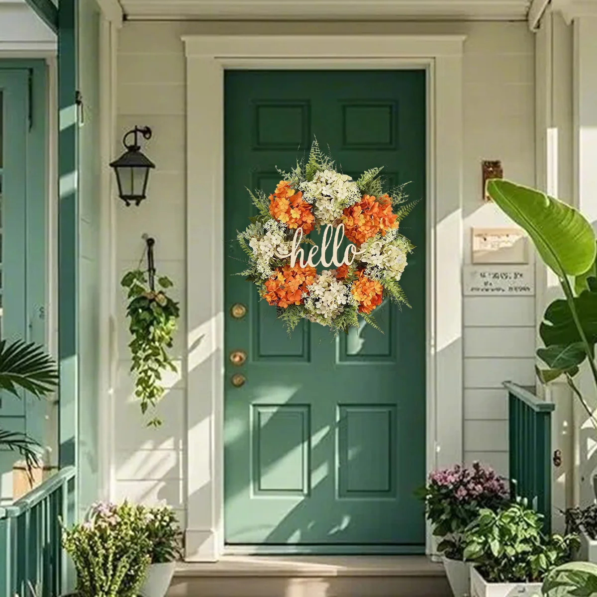 

Spring Wreath for Front Door Summer Wreath Handmade 17.7 Inch Mixed Colors Hydrangea Wreath Hello Wreath Farmhouse