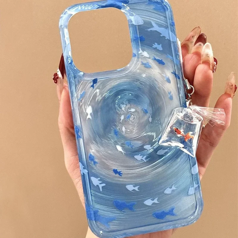 Transparent Blue Whirlpool Small Fish Phone Case with Carp Pendant for iPhone 11 12 13 14 15 16 promax - náhled 4