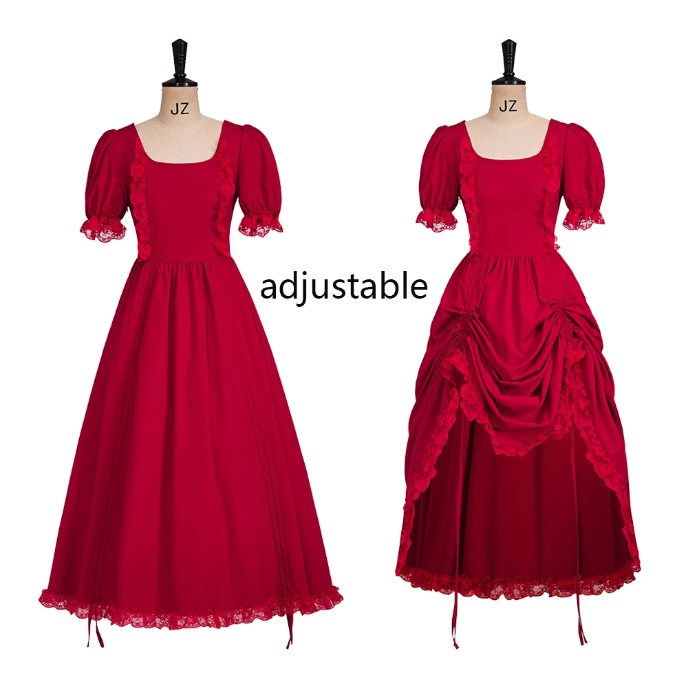 Victorian Renaissance Dress Women Vintage Gothic Adjustable Lace Up Red  Gathered Dress Asymmetrical High Low Dress