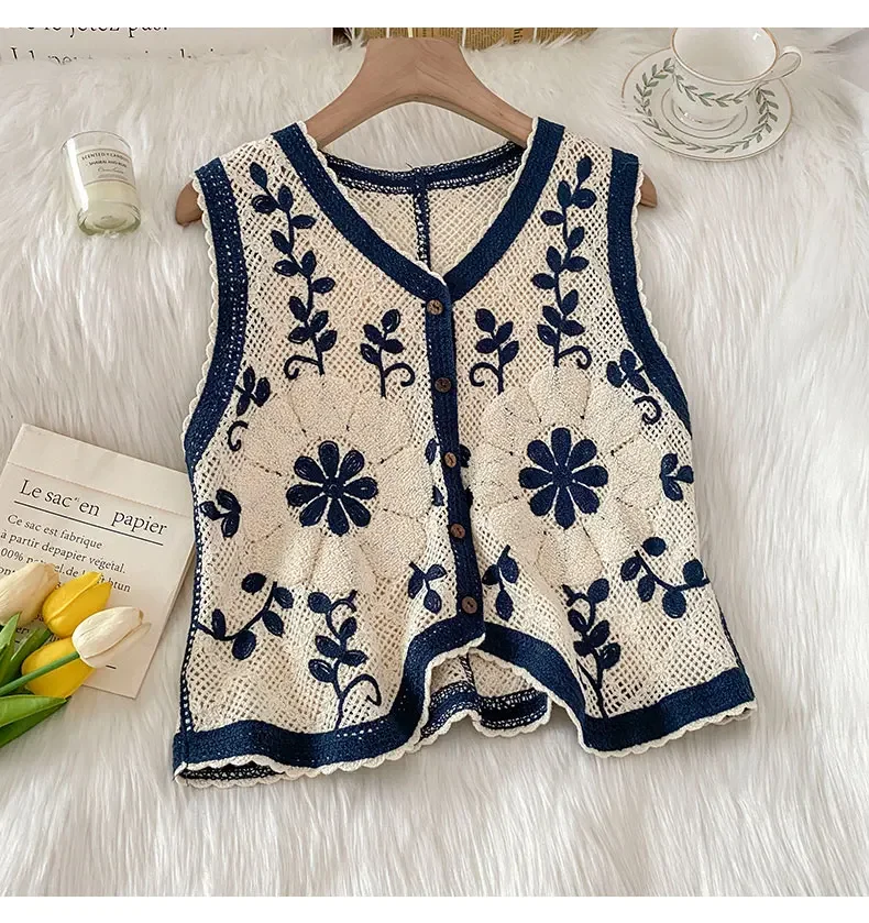 Embroidered Floral Crochet Vest for Women Openwork Button Front Sleeveless Jacket Tanks Female Summer Vintage Fairycore Outfit