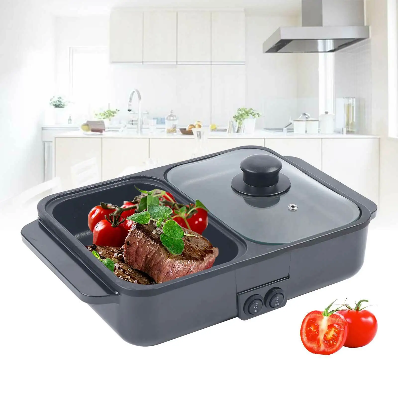 Mini 2-IN-1 Electric Hot Pot BBQ Grill Kitchen Smokeless Shabu Cooking Pan 1200W