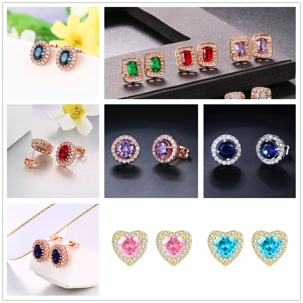 Colorful Crystal Stud Earrings for Women Luxury Imitation Gemstone Heart Geometric Zirconia Cartilage Earings Wedding Jewelry
