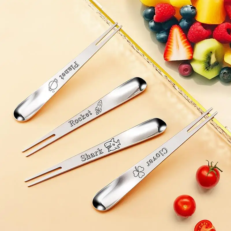 1PC 2-In-1 Dual-Purpose Forks Spoon Durable 304 Stainless Steel Fruit Forks Cute Long Handle Dinner Forks Kitchen Tableware