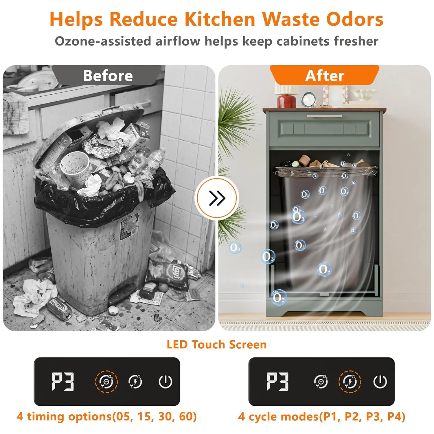 Single 10 Gallon Tilt Out Trash Can Cabinet with Deodorizing Function, Wooden Hidden Garbage Can Holder with Storage Drawers