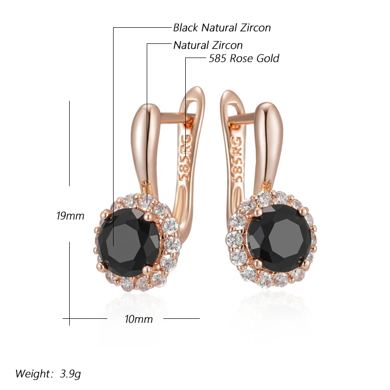 Kinel Sparkling Black Round Natural Zircon English Earrings Women 585 Rose Gold Color Vintage Wedding Party Fine Daily Jewelry