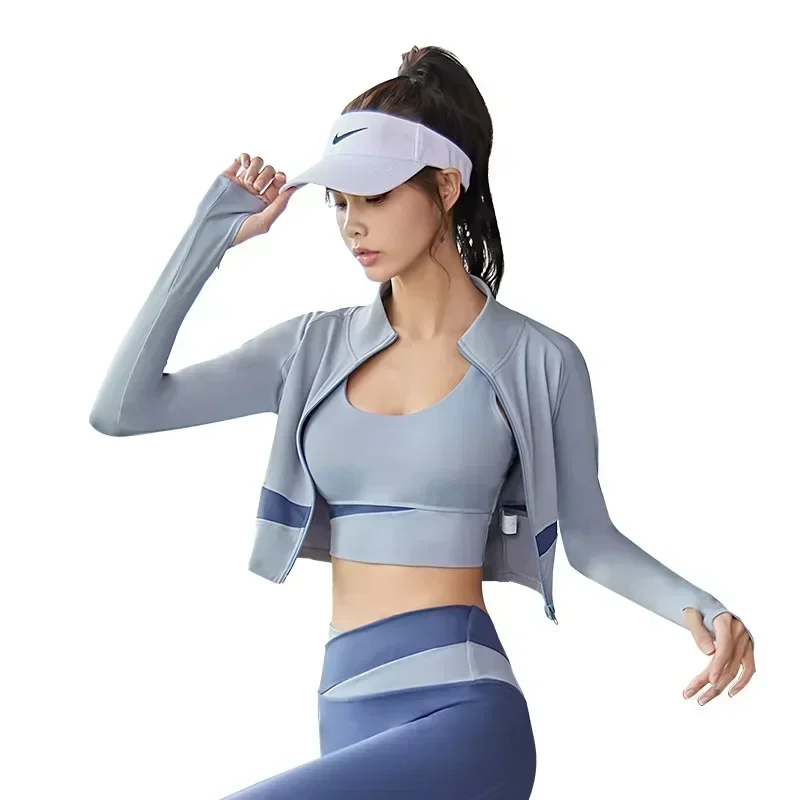 Women Yoga Patchwork 3 Piece Set Fitness Gym Coats+Bra+Leggings Workout Running Sportswear Clothing Tracksuit Ensemble Femme image 6
