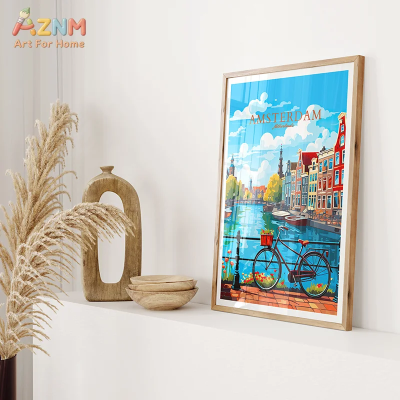 AZNM Frameless Canvas Poster Europe City Travel Print, Copenhagen Lisbon Amsterdam Canal Town Vintage Landscape Tourism Wall Art